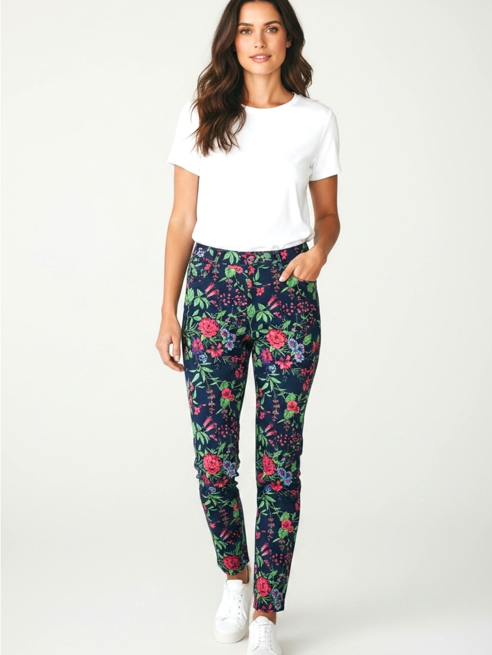 J. McLaughlin Navy Floral Pencil Pants with Red and Green Floral Print
